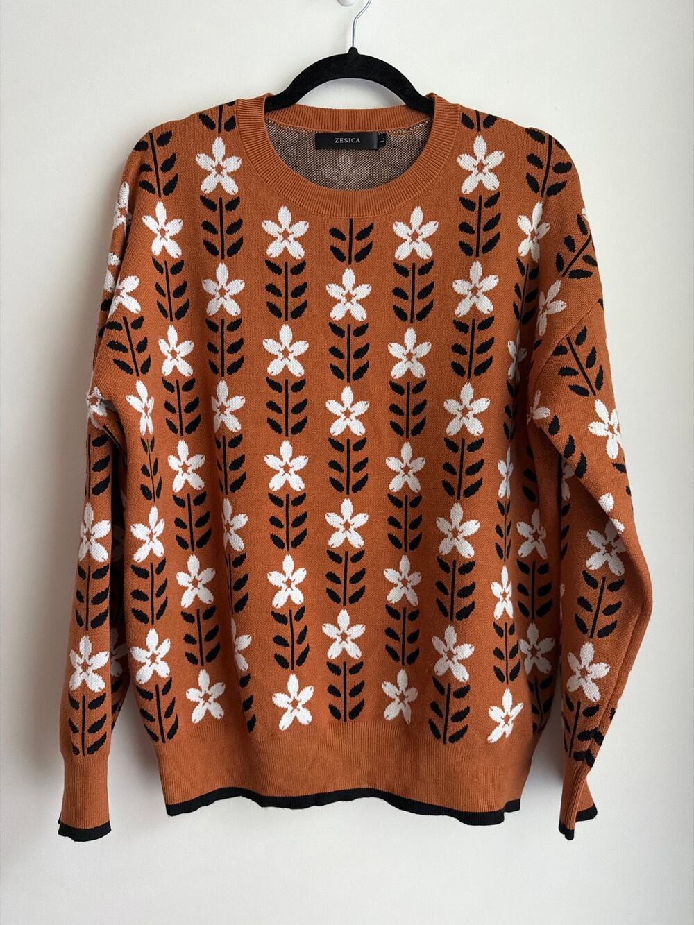 ZESICA Floral Knit Sweater Brown Crewneck Cottagecore Women's Large